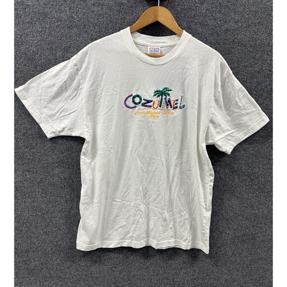 VTG Cozumel Embroidered Caribbean Sea Mexico Pal Tree White Shirt Size Large XL - Picture 1 of 7